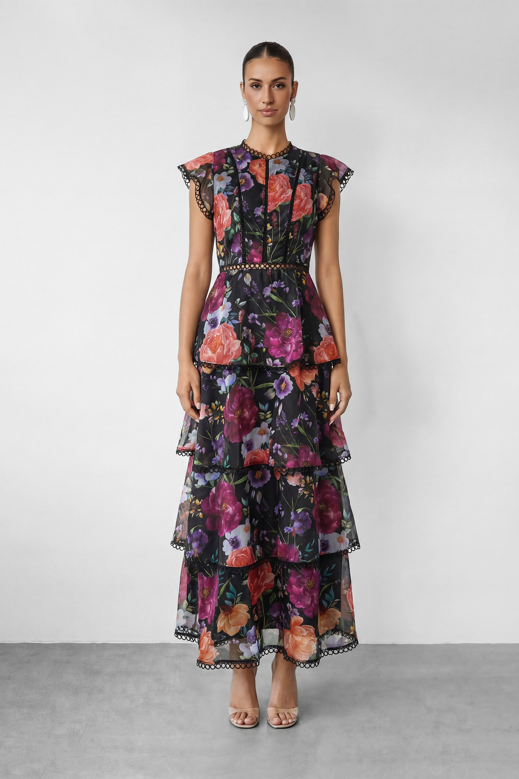 Floral Tiered Lace Trim Maxi Dress