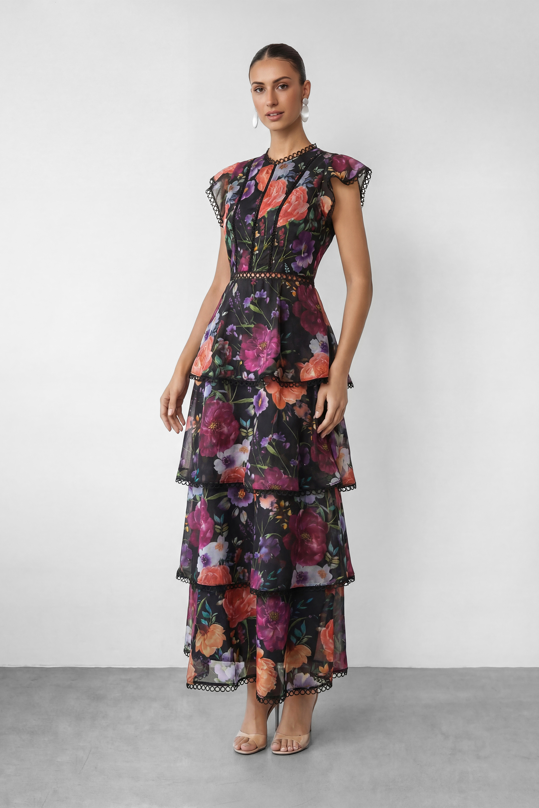 Floral Tiered Lace Trim Maxi Dress