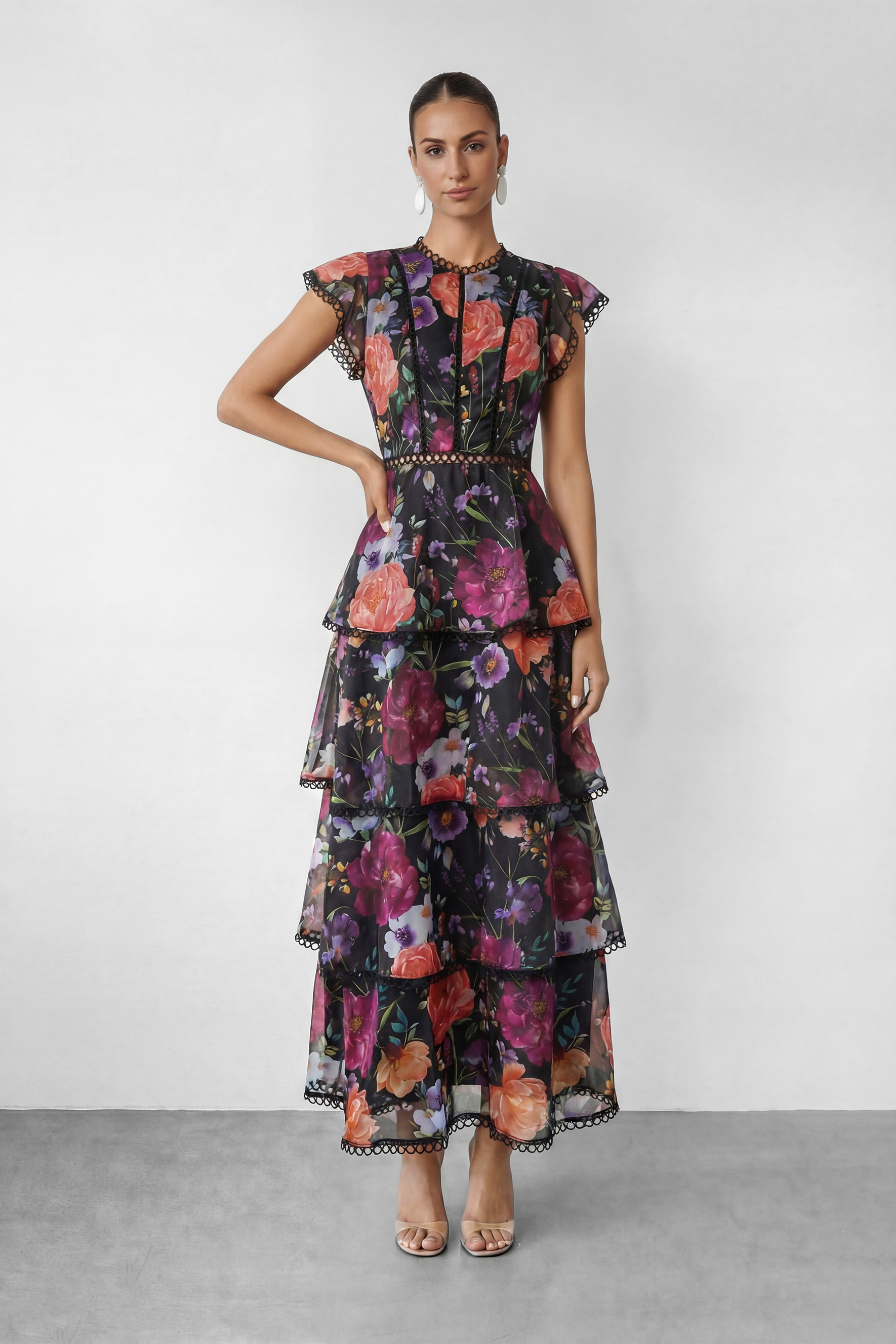 Floral Tiered Lace Trim Maxi Dress