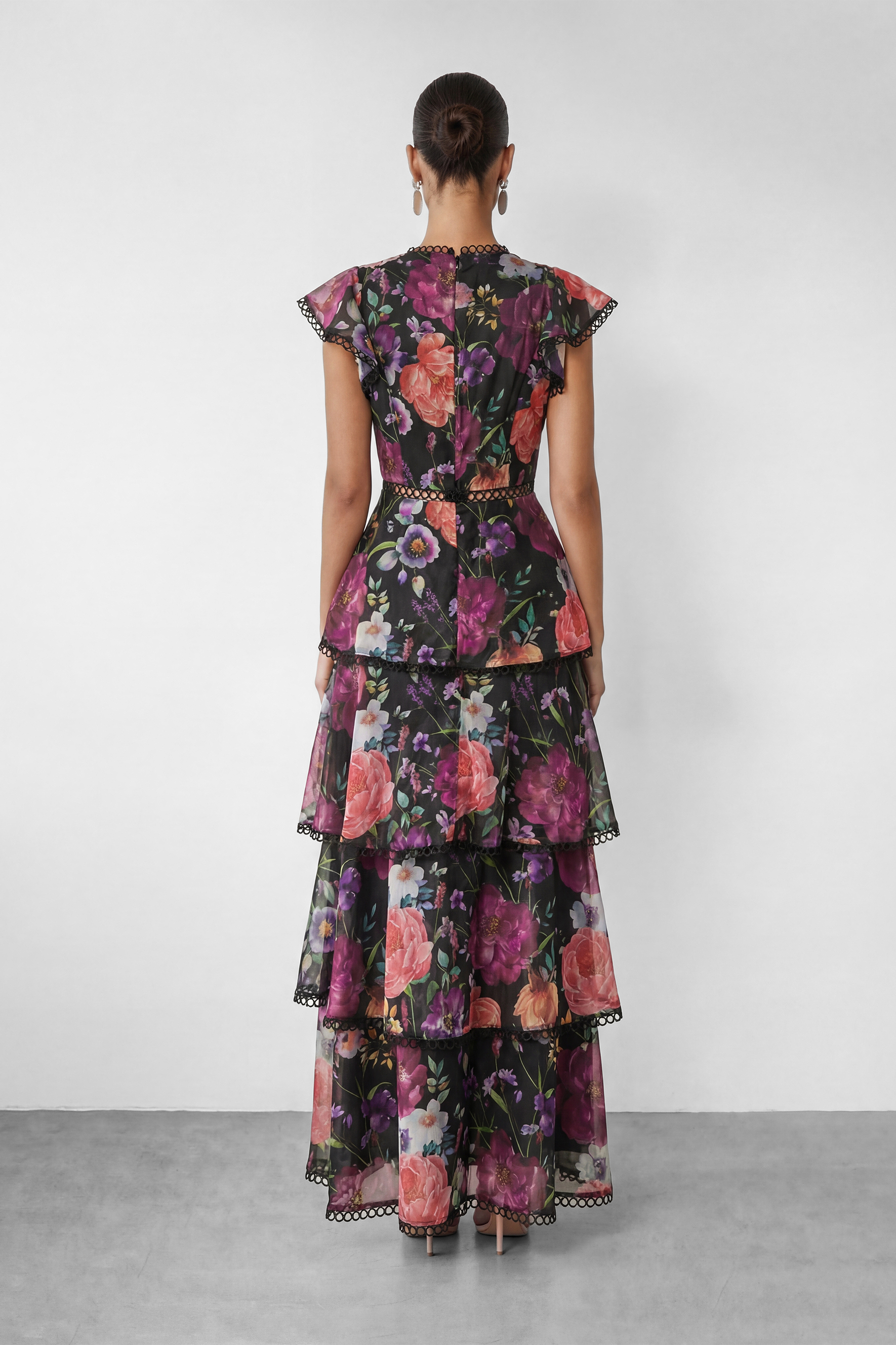Floral Tiered Lace Trim Maxi Dress
