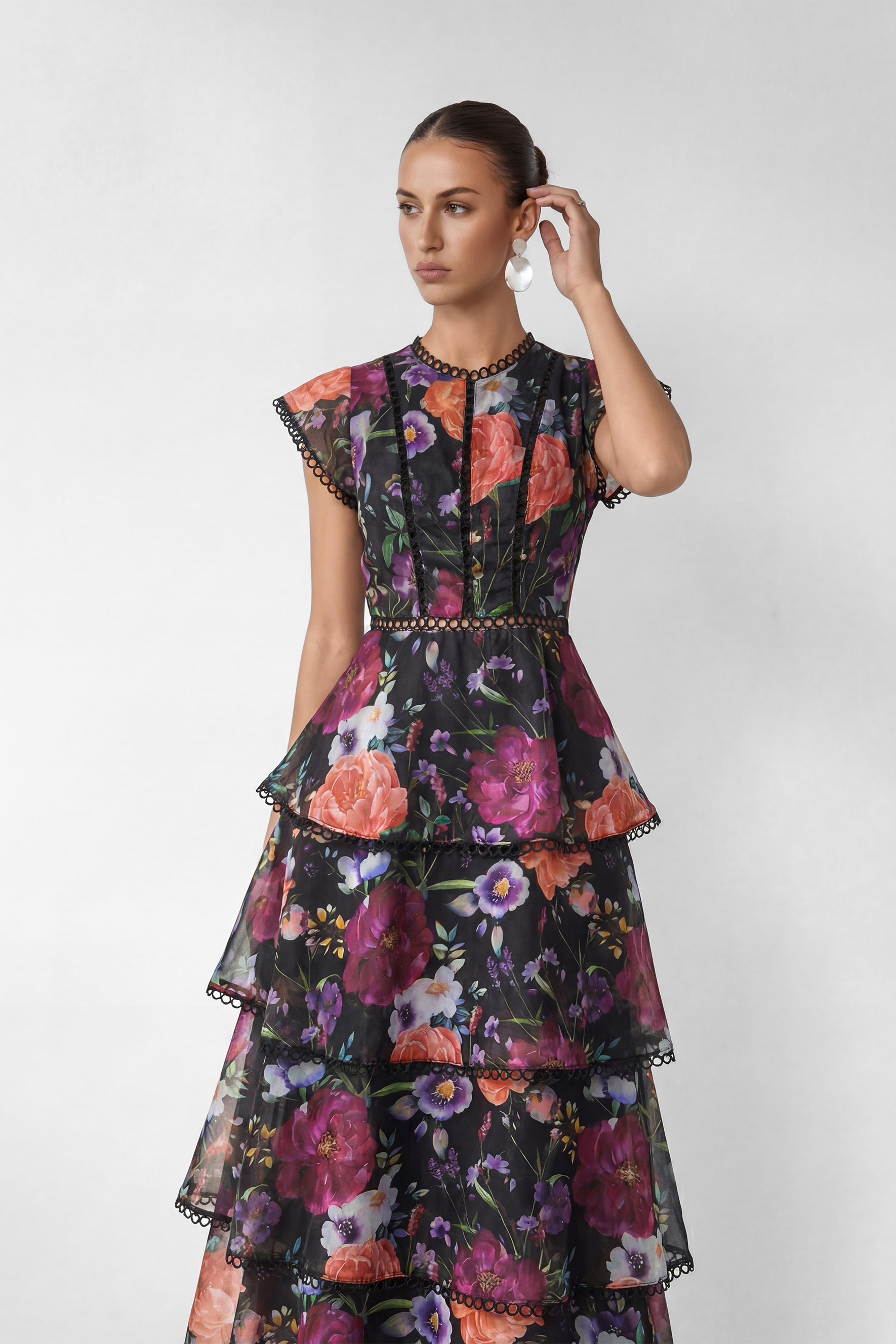 Floral Tiered Lace Trim Maxi Dress