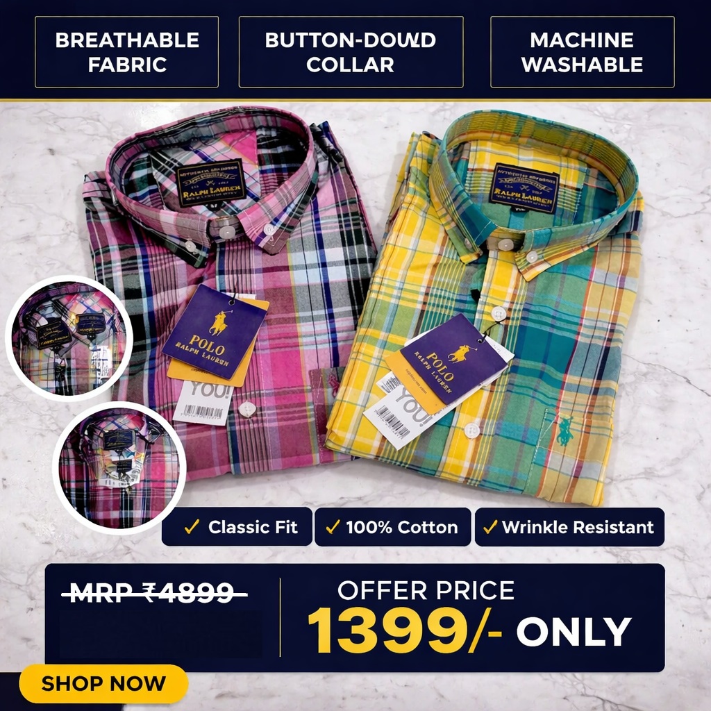 Men RL POLO Oxford Check Shirt (Navy Logo)