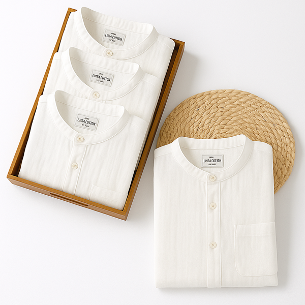 Men's  Mandarin Collar Premium Line White Cotton Linen Shirt Half Sleeves (Pack Of 4)