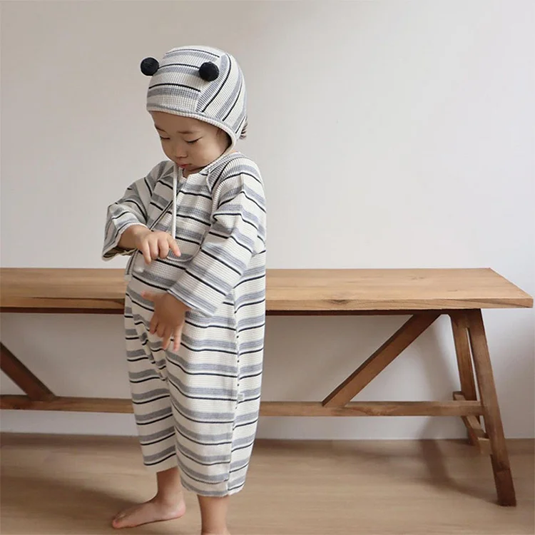 【66-90cm】 韓国風 ボンボン付き ボーダー オールインワン