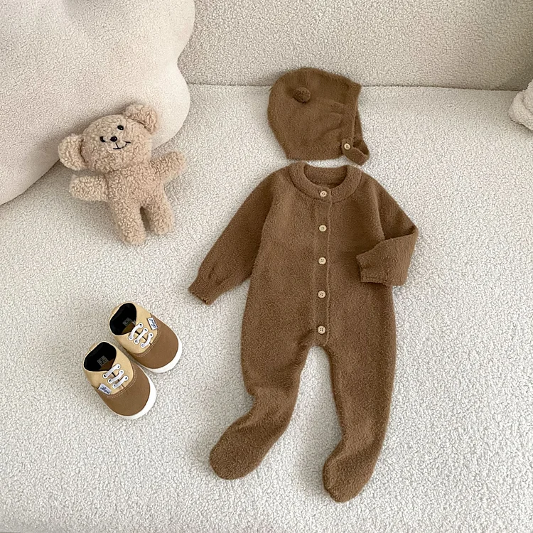 【66-90cm】 熊デザイン ボンネット オールインワン