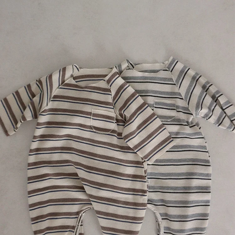 【66-90cm】 韓国風 ボンボン付き ボーダー オールインワン