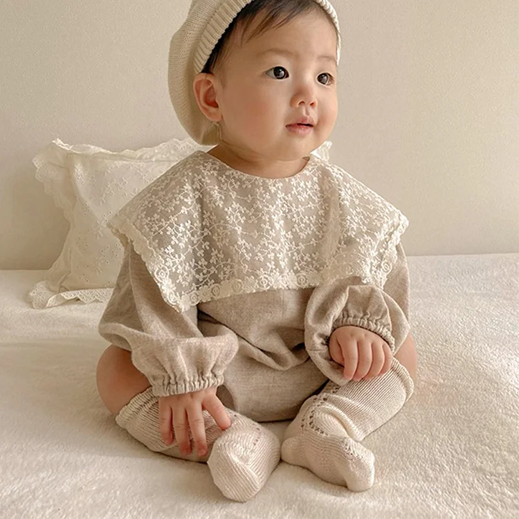 【66-90cm】韓国風レース襟 ロンパース