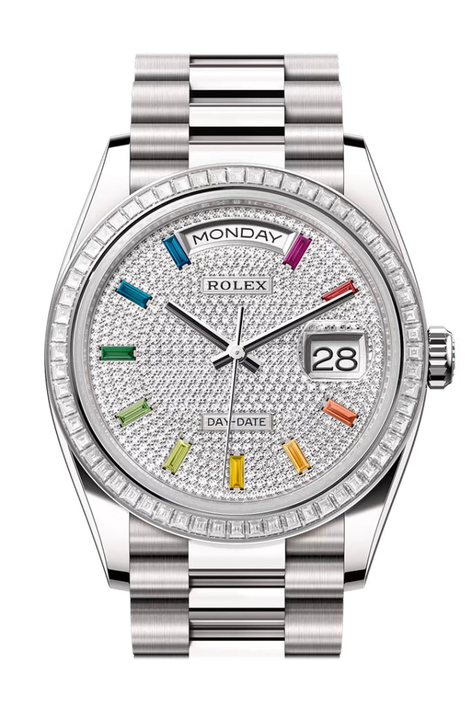 Rolex Day Date 36 Rainbow Diamond Dial Diamond Bezel White Gold President Bracelet 128399TBR 128399TBR-0005