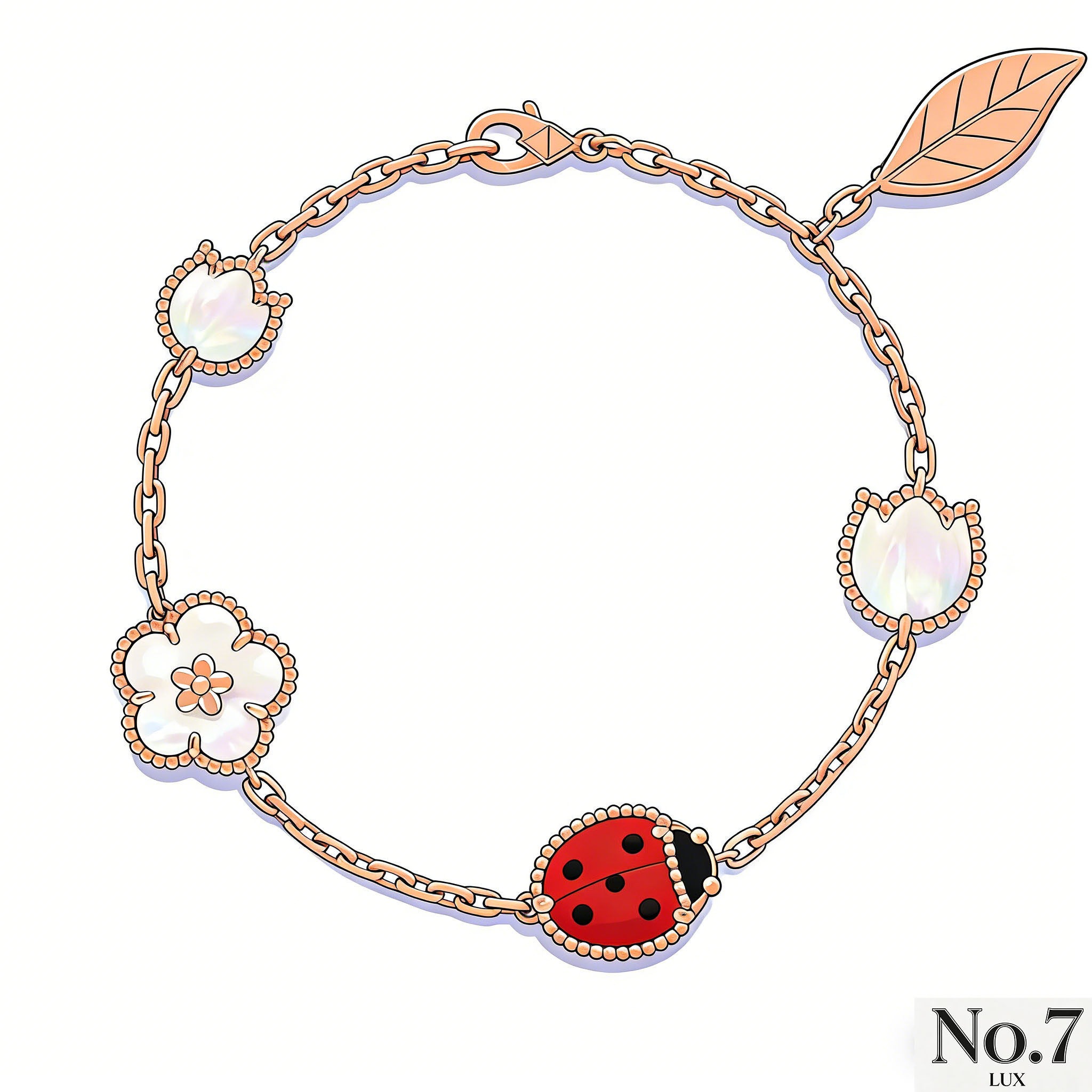 Rose Gold Plated (Ladybug Style) with Mother of Pearl, Carnelian and Onyx Bracelet