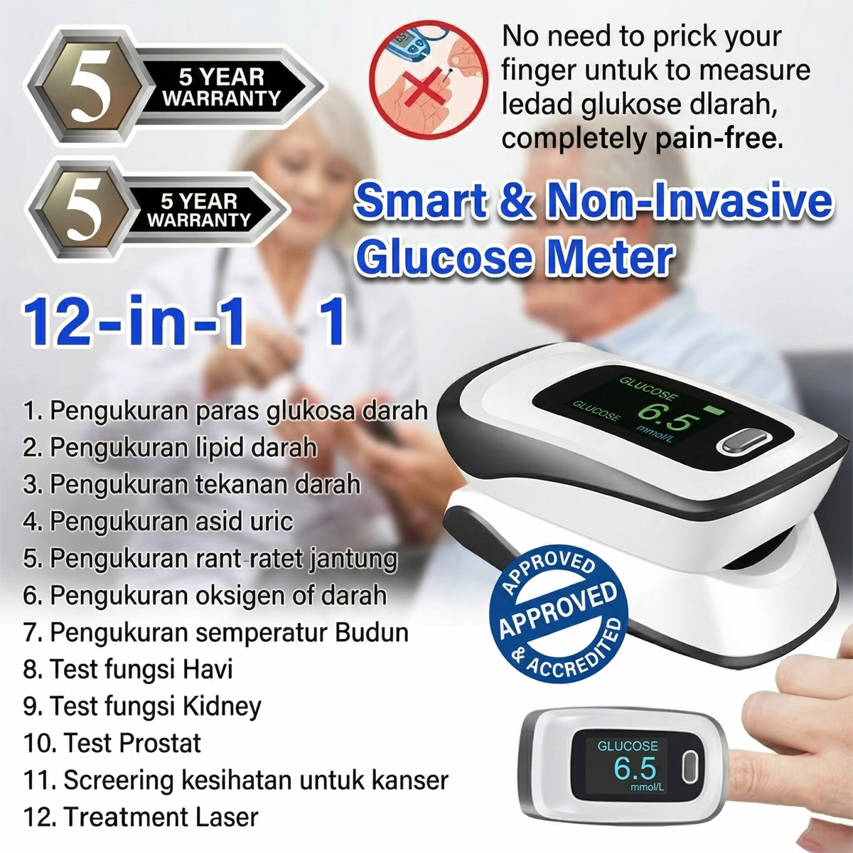 [12-dalam-1] Meter Glukosa Darah Pintar Tanpa Invasif Terkini