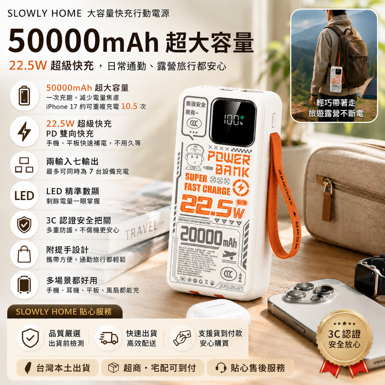 50000mAh大容量行動電源｜22.5W超級快充 PD雙向快充 LED數顯 多設備同充 露營必備，入火爆熱銷中！台灣本土出貨！24小時客服，售後無憂！現在下單直接享有14日鑒賞期，不滿意可免費退換貨！！！