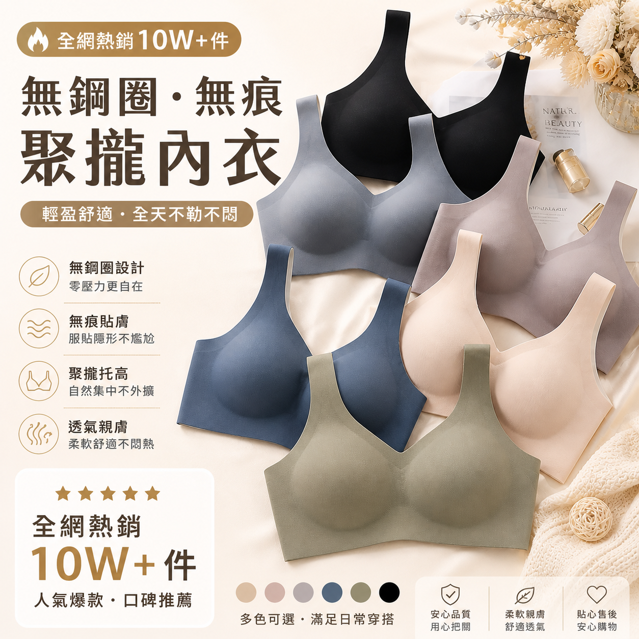 無鋼圈無痕聚攏內衣｜舒適不勒・透氣貼膚｜日常百搭款