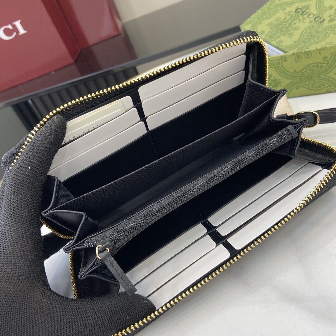 GUCCI エンブレム シリーズ 821803 クラシック ラウンドファスナー ロングウォレット ブラック