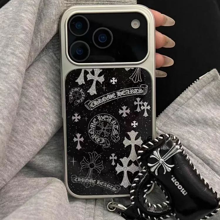 Appleデバイス用の人気のキラキラ輝く黒い十字形の携帯ケース