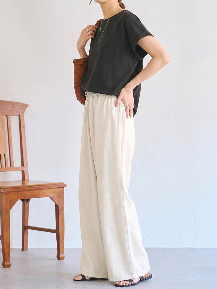 "【リネンワイドパンツ 夏用薄手】  リネン素材、ワイドシルエット、ハイウエストでスタイルアップ、ゆったり快適、綿麻混紡"