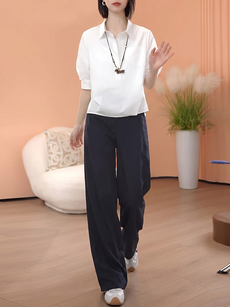 【おしゃれレディース ゆったりスタイルアップセット 】   ゆったり＆スタイルアップ、ポロ襟・中袖・ワイドパンツのセットアップ