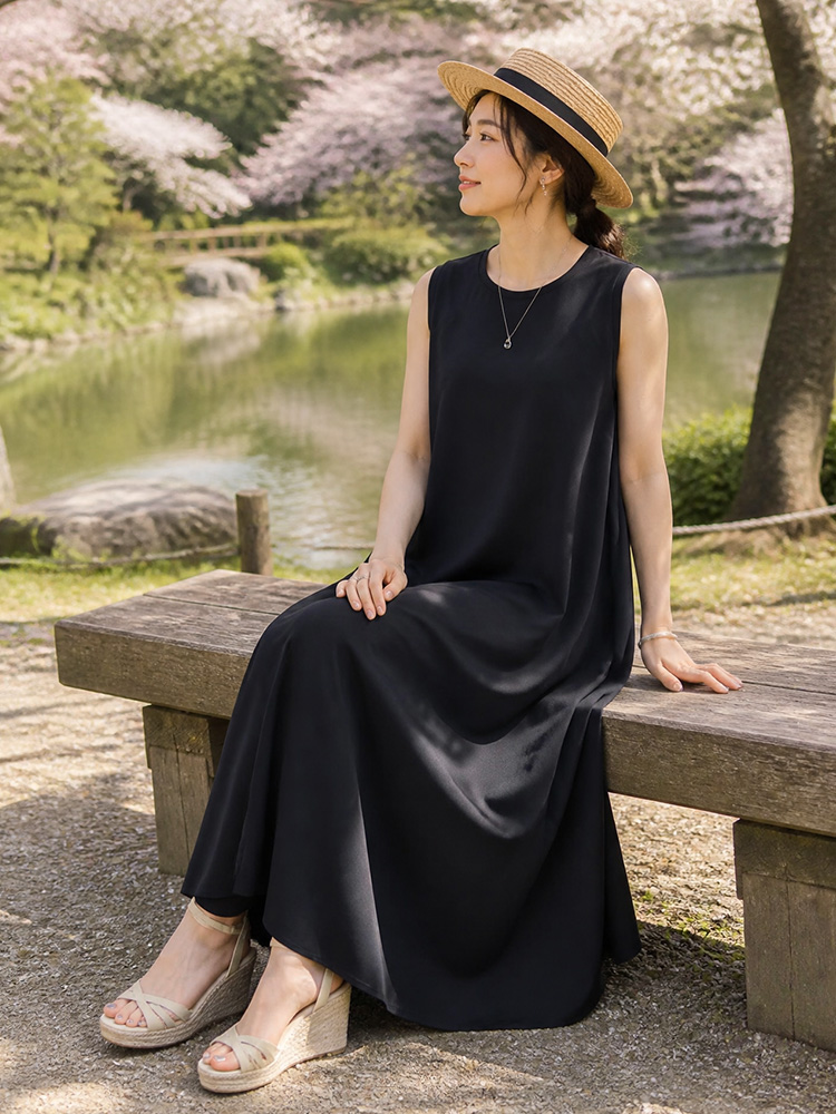 【無地ノースリーブワンピース】綿麻素材  夏涼しい   ゆったりシルエット   無地  ロング丈  ノースリーブ   上質な質感