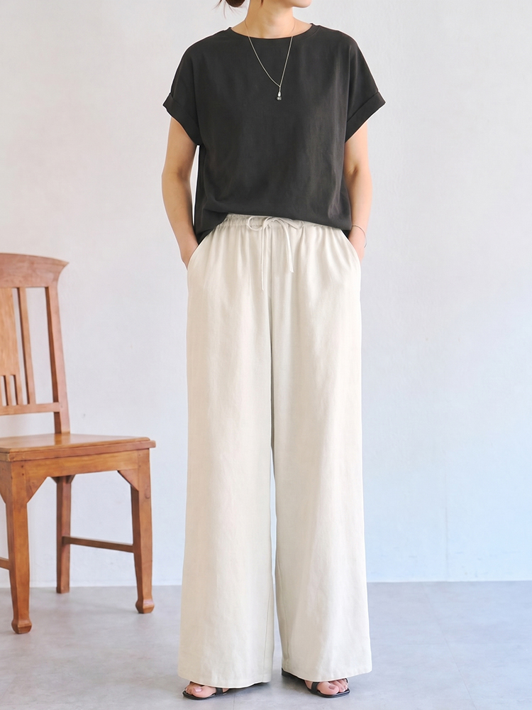 "【リネンワイドパンツ 夏用薄手】  リネン素材、ワイドシルエット、ハイウエストでスタイルアップ、ゆったり快適、綿麻混紡"