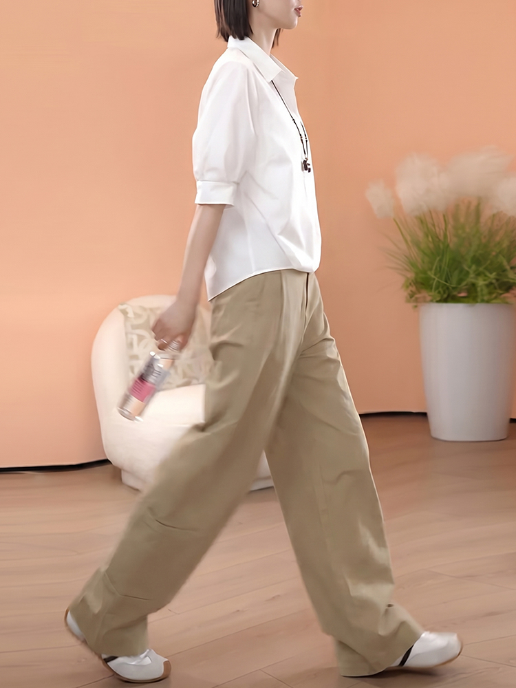 【おしゃれレディース ゆったりスタイルアップセット 】   ゆったり＆スタイルアップ、ポロ襟・中袖・ワイドパンツのセットアップ
