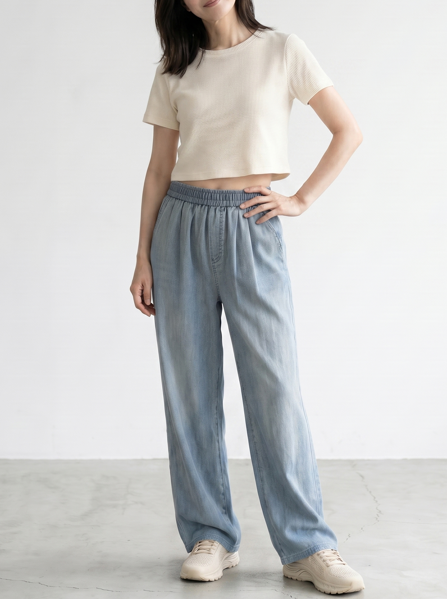 テンセル素材 ゆったりドレープデニムパンツ レディース