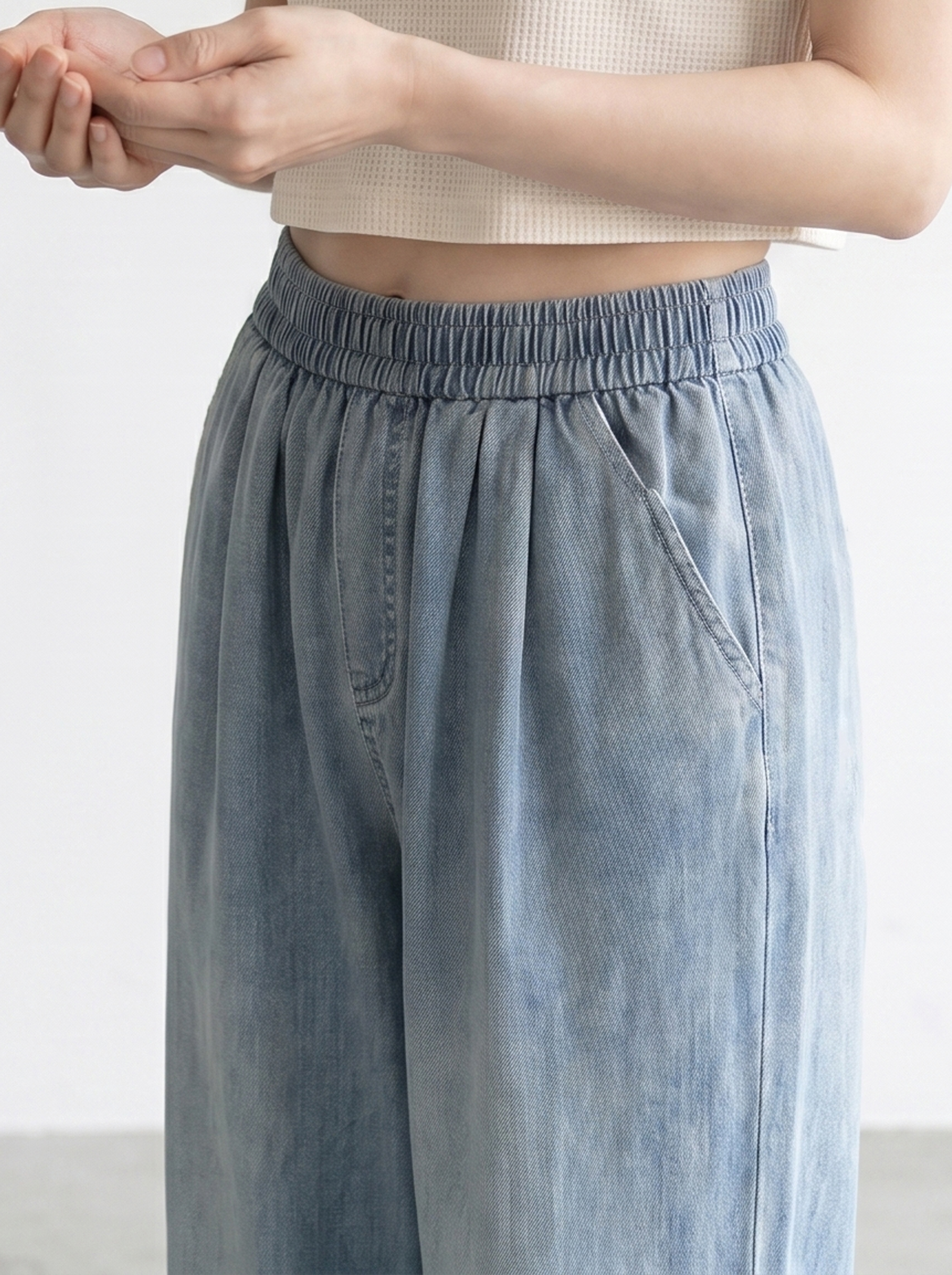 テンセル素材 ゆったりドレープデニムパンツ レディース
