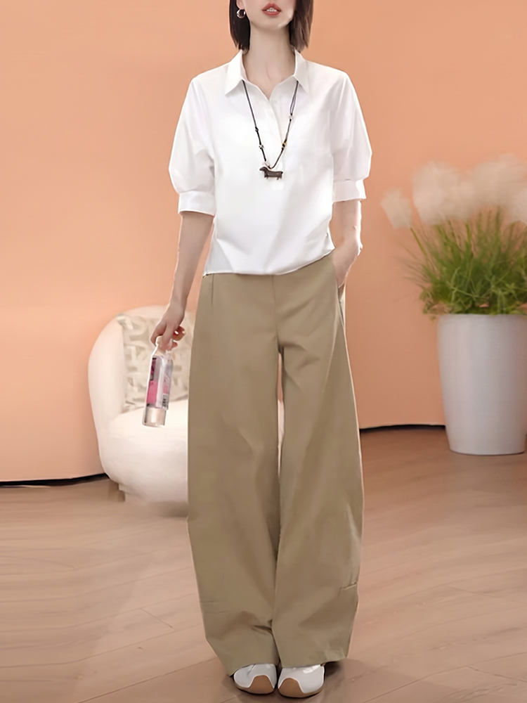 【おしゃれレディース ゆったりスタイルアップセット 】   ゆったり＆スタイルアップ、ポロ襟・中袖・ワイドパンツのセットアップ