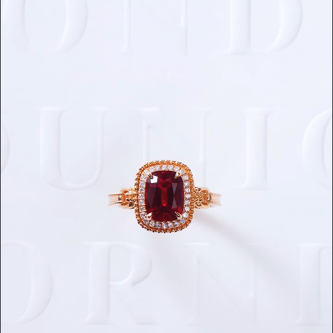 Luneria Rosa — Pigeon Blood Cushion Ruby Vintage Milgrain Halo Ring