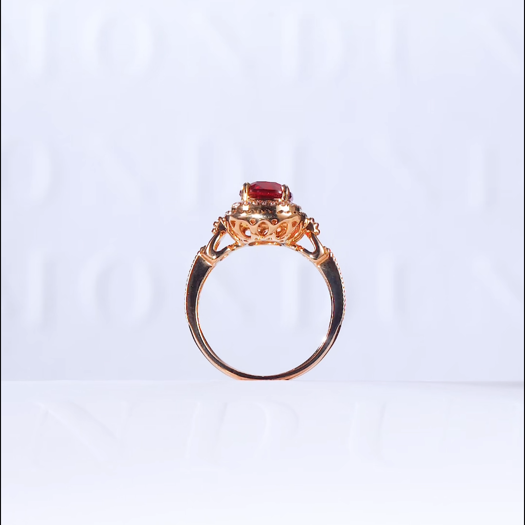 Luneria Rosa — Pigeon Blood Cushion Ruby Vintage Milgrain Halo Ring
