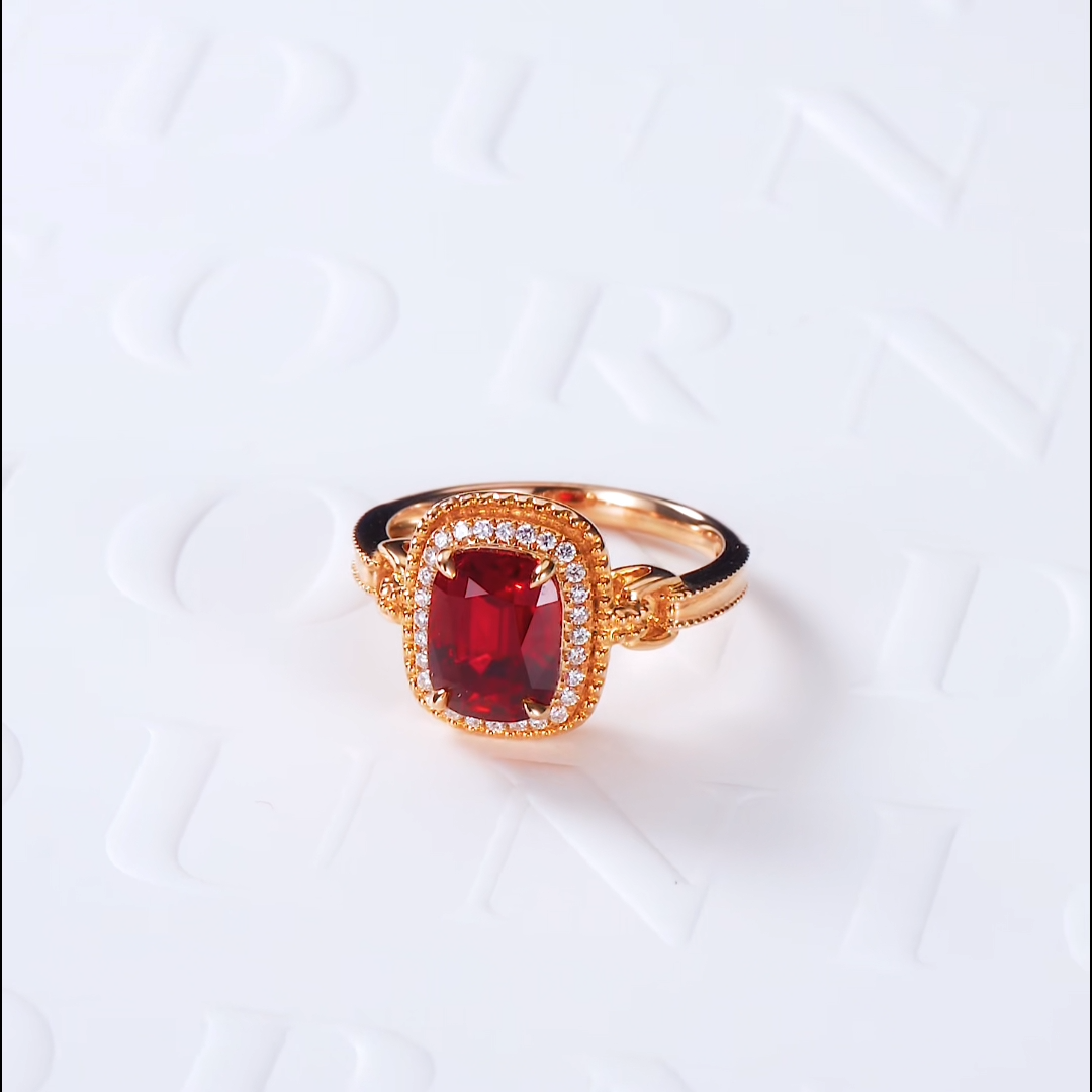 Luneria Rosa — Pigeon Blood Cushion Ruby Vintage Milgrain Halo Ring