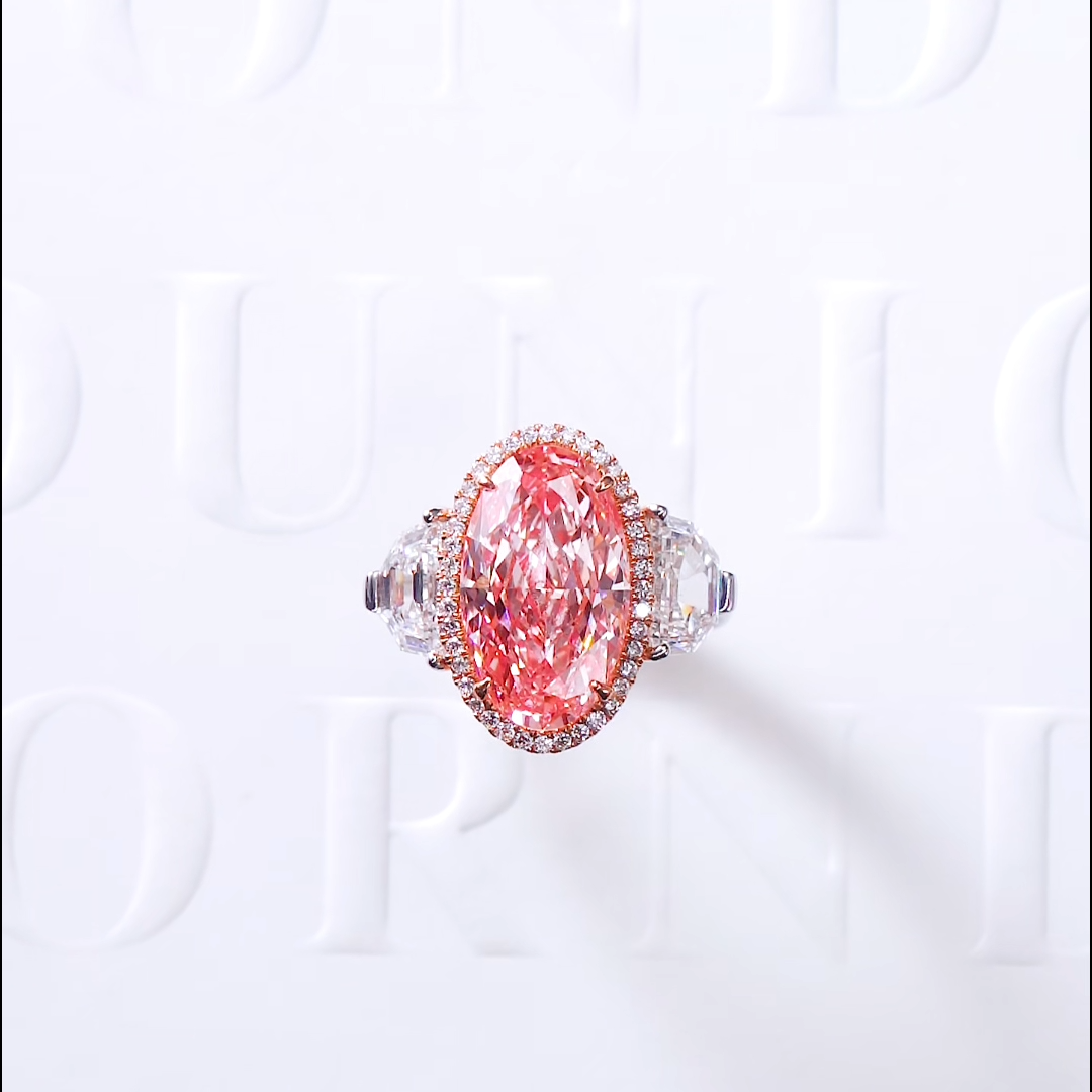 Luneria Rosa — Fancy Pink Oval Lab Diamond Halo & Half-Moon Three-Stone Ring