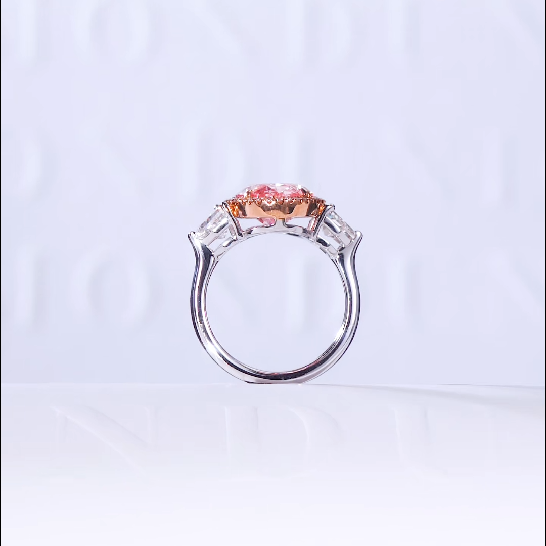 Luneria Rosa — Fancy Pink Oval Lab Diamond Halo & Half-Moon Three-Stone Ring