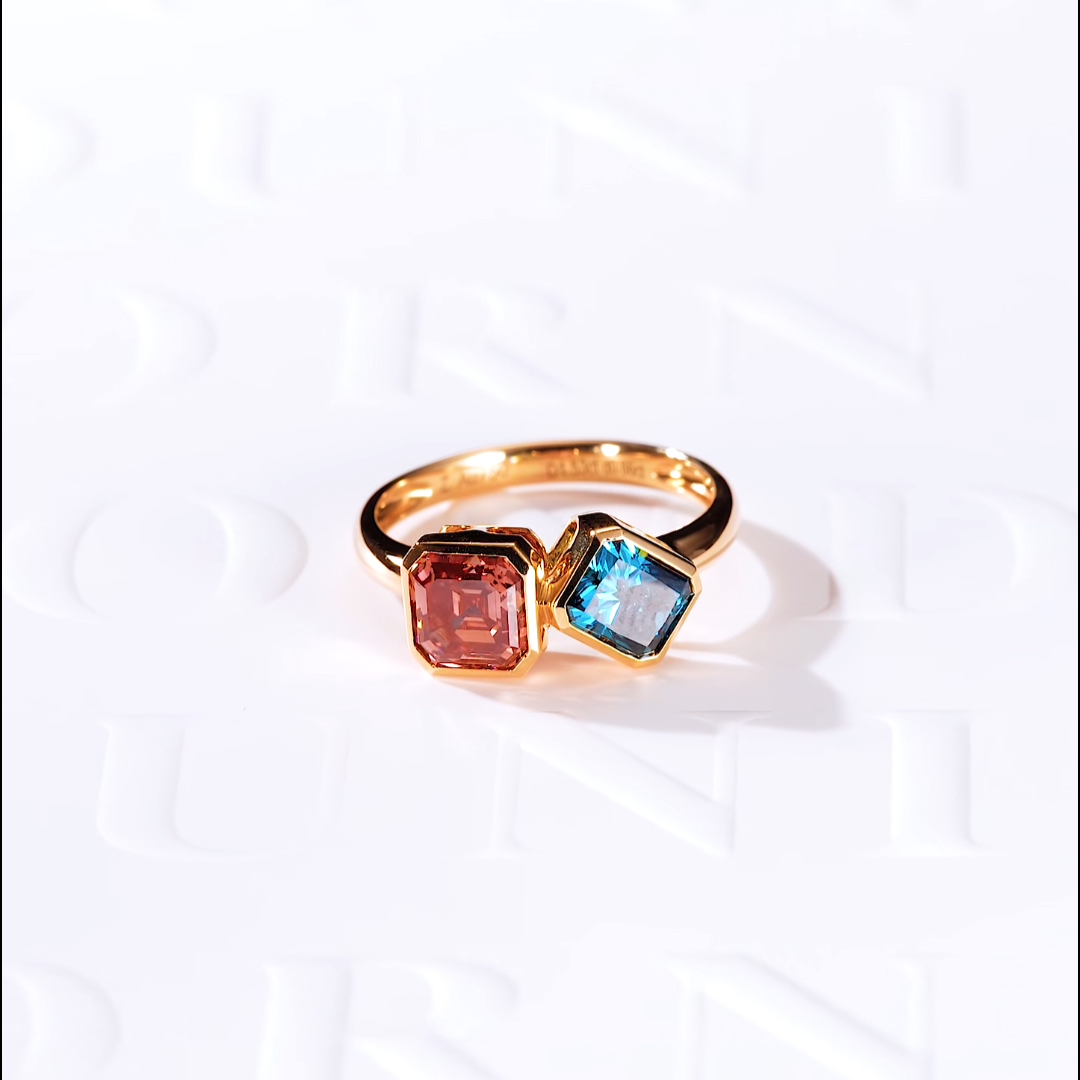 Luneria Rosa — Toi et Moi Asscher-Cut Blue & Pink Sapphire Bezel Ring