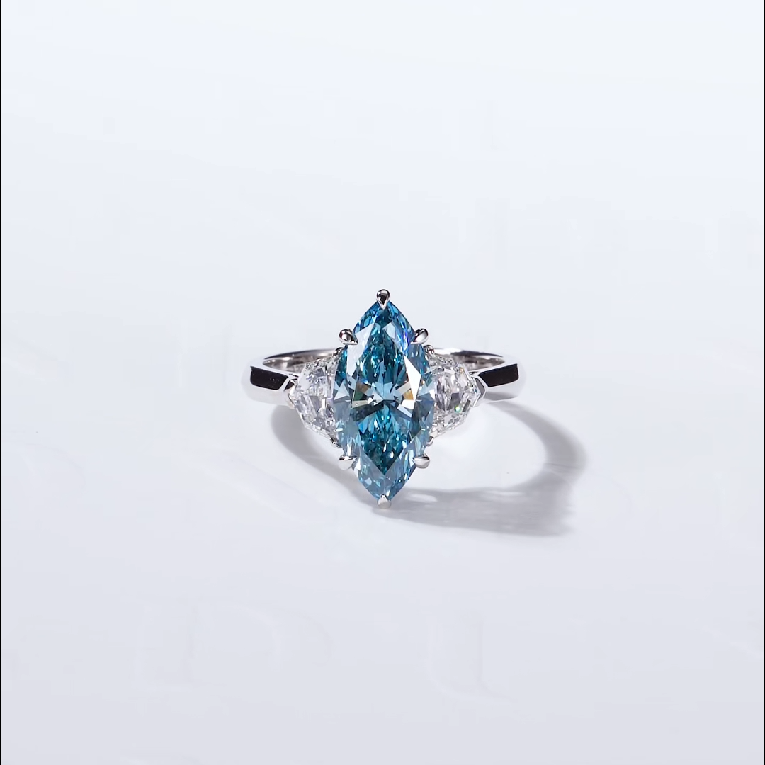  Luneria Rosa — Fancy Blue Marquise Lab Diamond & Half-Moon Three-Stone Ring
