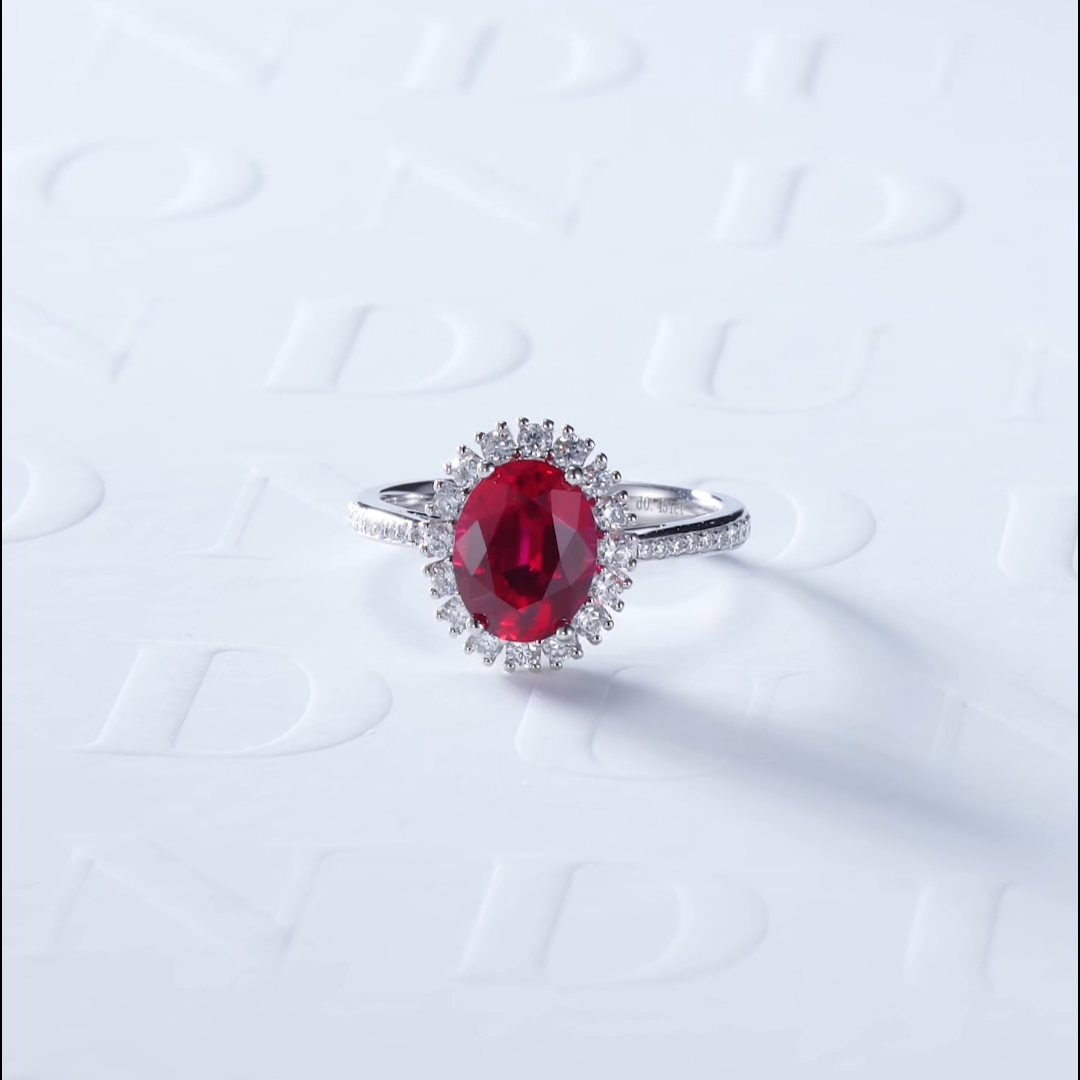Luneria Rosa — Oval Ruby Sunburst Diamond Halo Ring