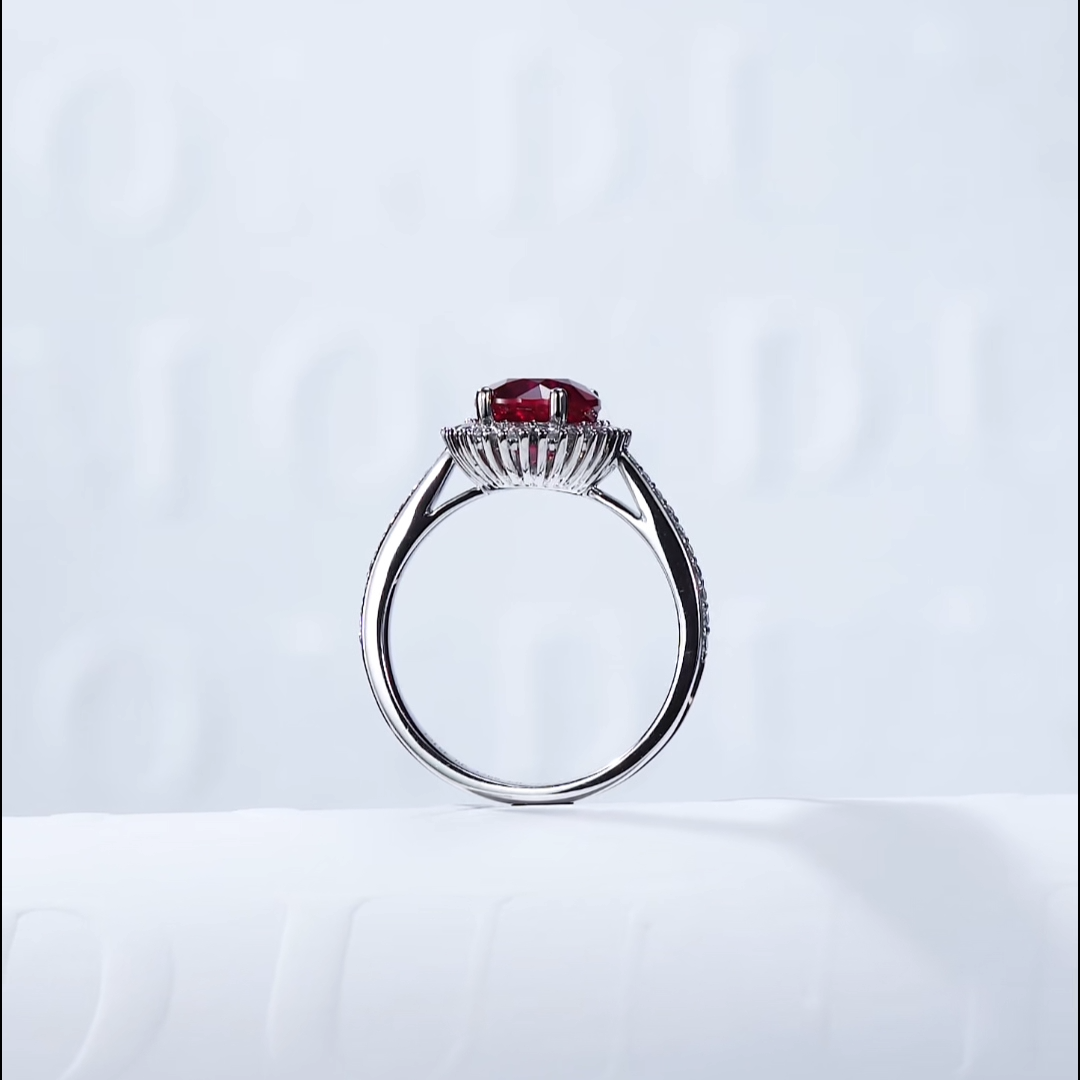 Luneria Rosa — Oval Ruby Sunburst Diamond Halo Ring