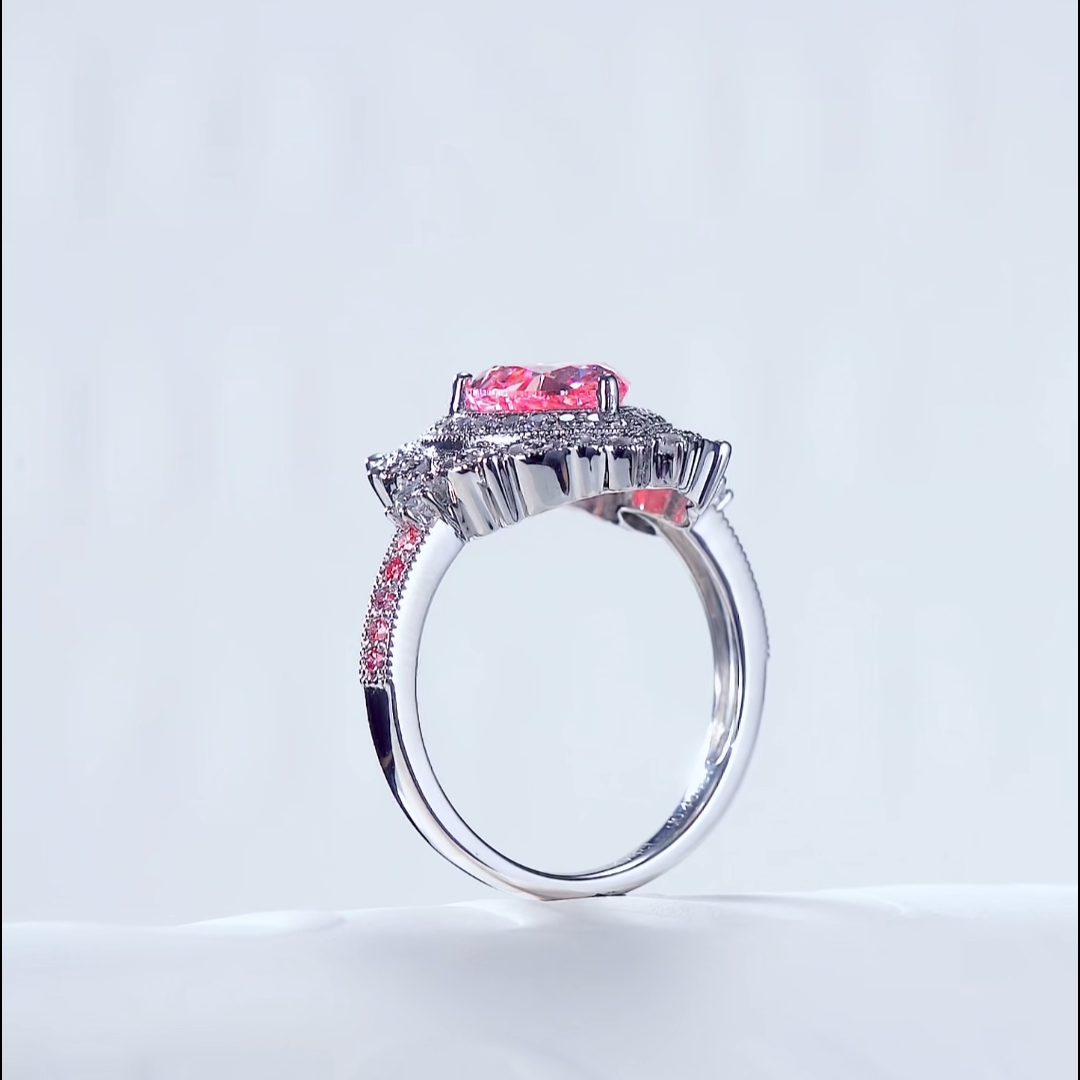 Luneria Rosa — Fancy Pink Heart Lab Diamond Victorian Filigree Halo Ring