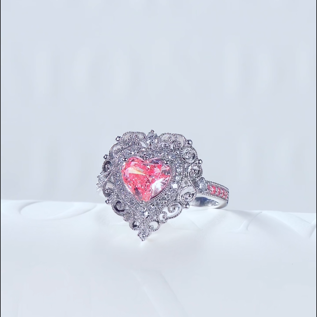 Luneria Rosa — Fancy Pink Heart Lab Diamond Victorian Filigree Halo Ring