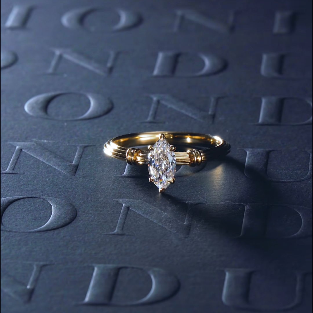 Luneria Époque — White Marquise Lab Diamond Yellow Gold Ribbed Solitaire Ring