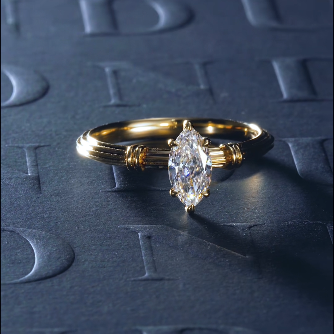 Luneria Époque — White Marquise Lab Diamond Yellow Gold Ribbed Solitaire Ring