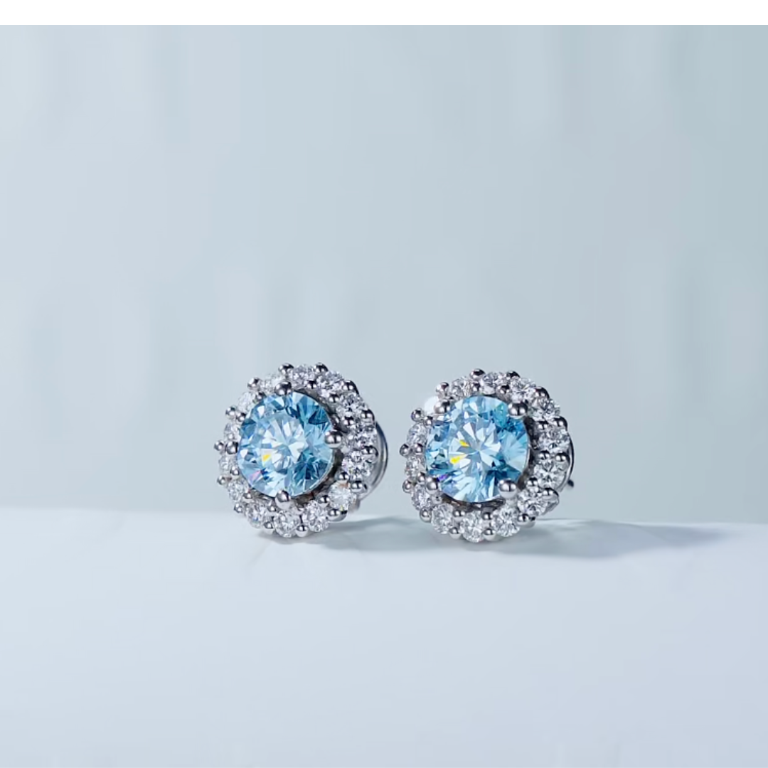  Blue Round Diamond Halo Stud Earrings