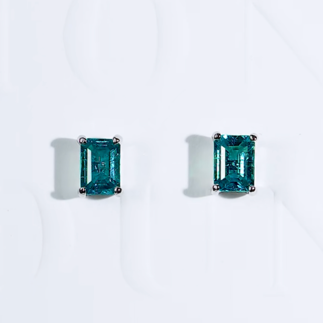 Teal Emerald Cut Solitaire Studs