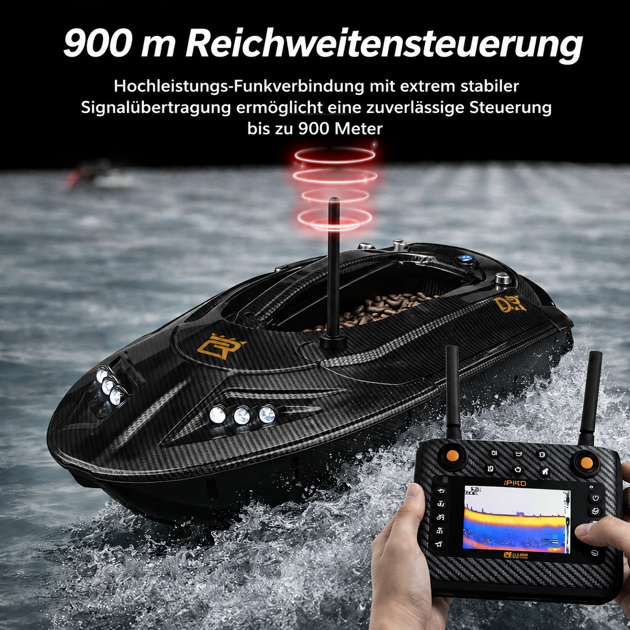 GPS-gestütztes Futterboot mit präziser Navigation, integriertem Fischfinder-Sonar, automatischer Fütterung und Rückführung – für einfaches Auffinden von Fischen und höhere Angelerfolge.