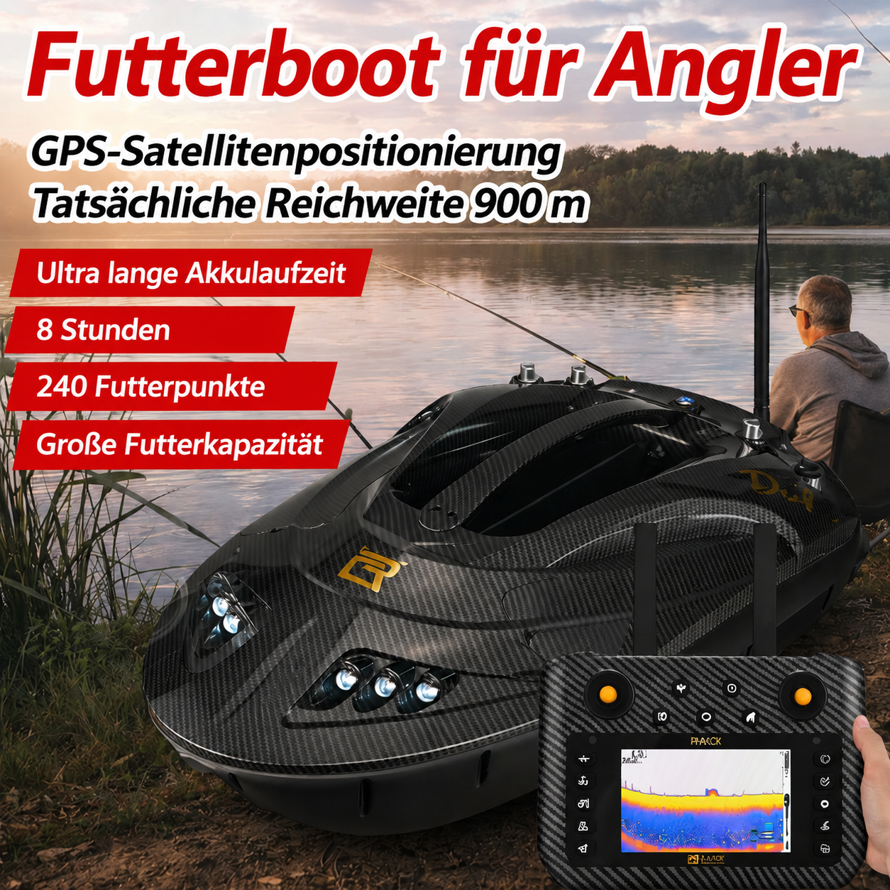 GPS-gestütztes Futterboot mit präziser Navigation, integriertem Fischfinder-Sonar, automatischer Fütterung und Rückführung – für einfaches Auffinden von Fischen und höhere Angelerfolge.
