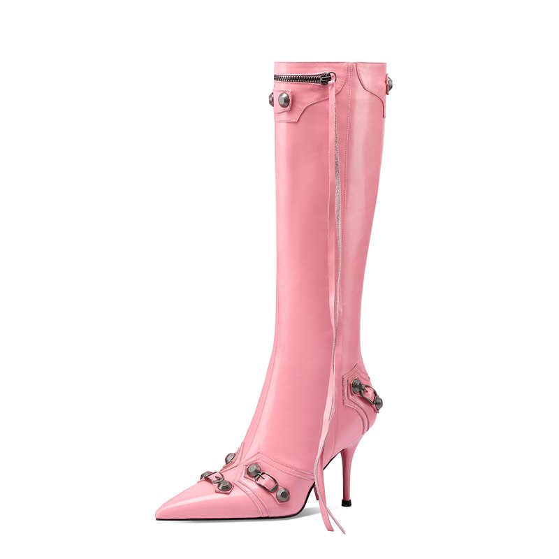 Pointed Toe Zipper Rivet Knee High Boots