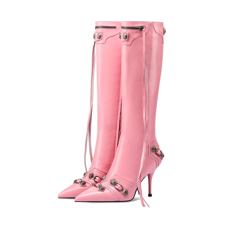 Pointed Toe Zipper Rivet Knee High Boots