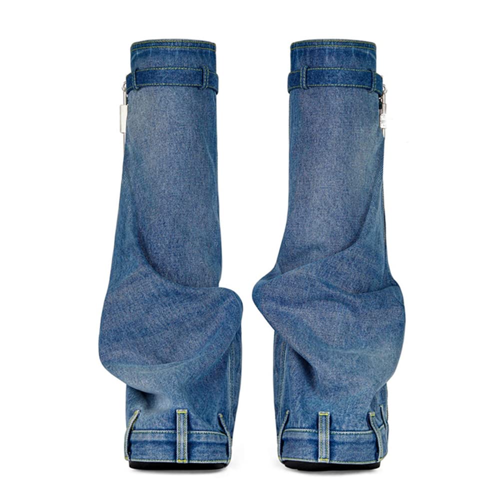 Round Toe Thick Wedge Heel Denim Boots