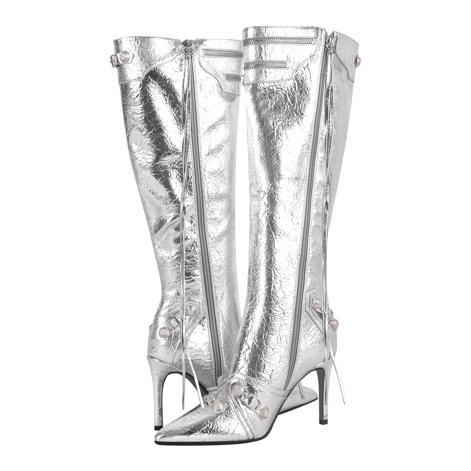 Pointed Toe Zipper Rivet Knee High Boots