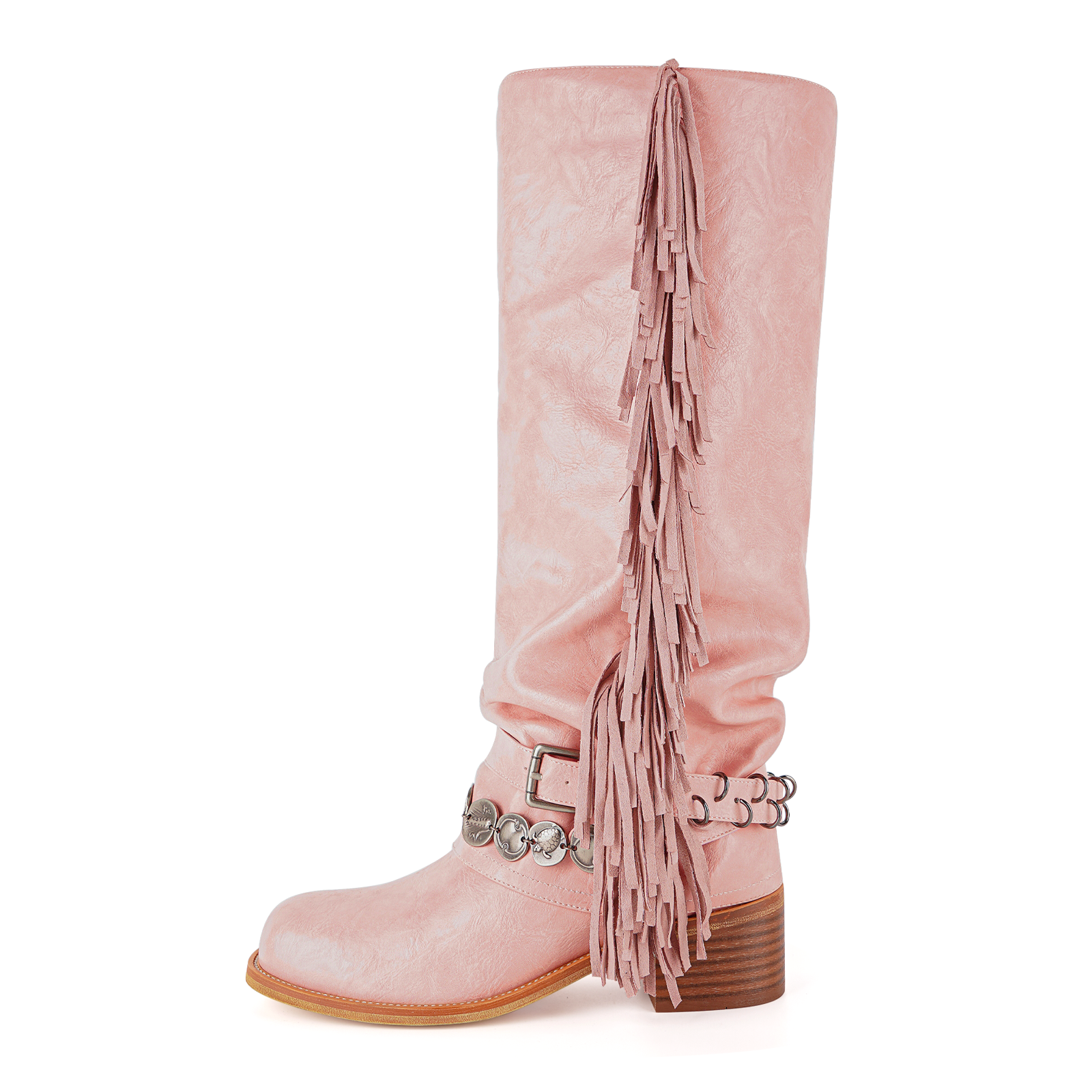 Fringe Buckle Metal Embellished Knee High Western Boots