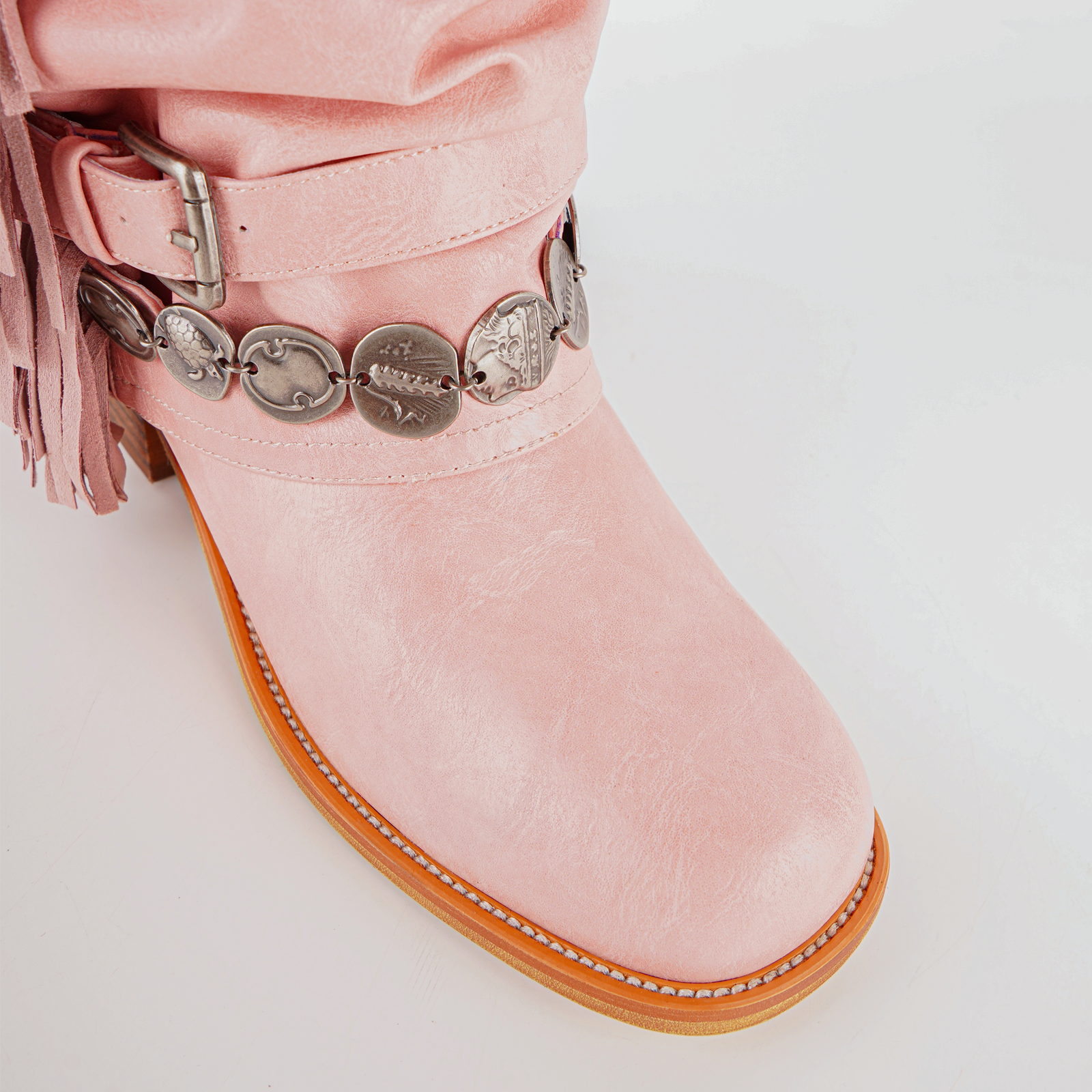 Fringe Buckle Metal Embellished Knee High Western Boots