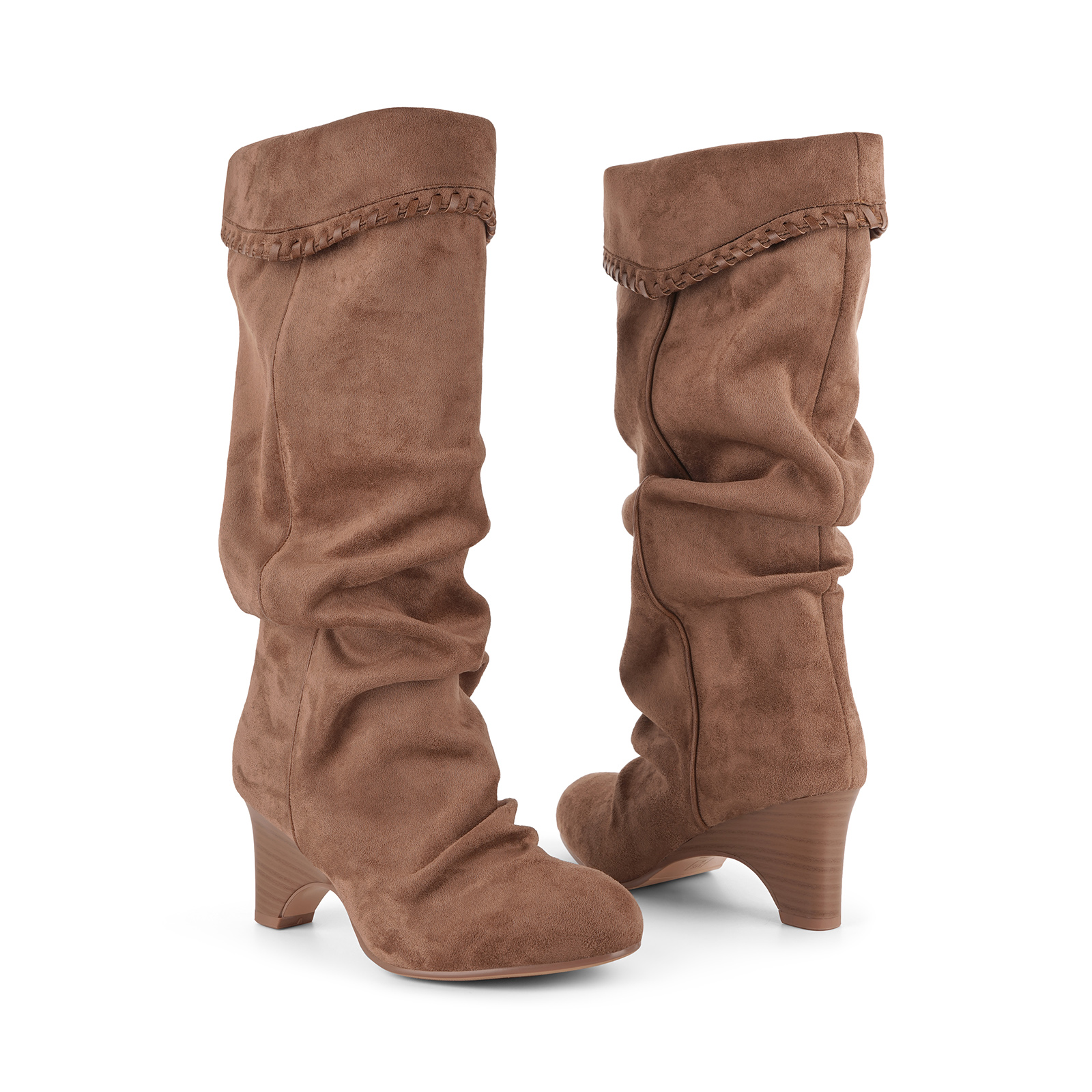 Suede Slouchy Braided Trim Wedge Heel Knee High Boots